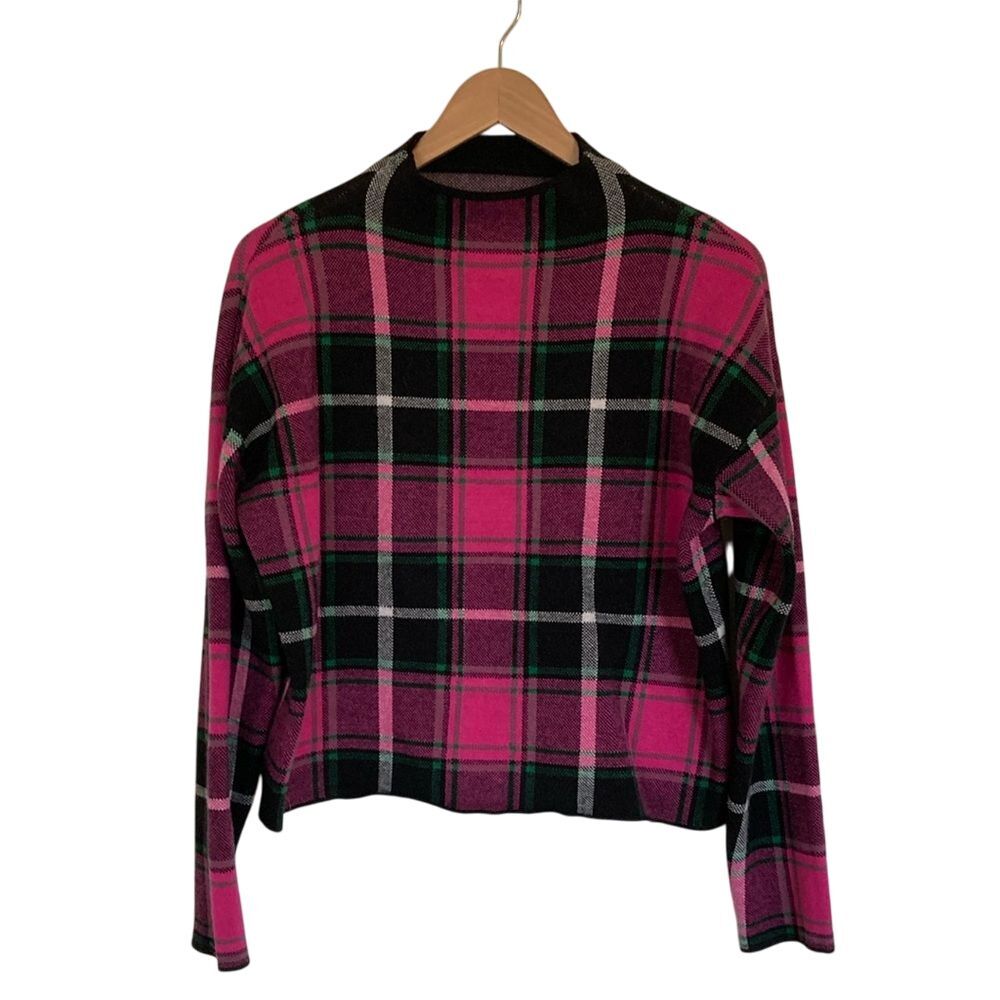 Nicole Miller Womens Mock Neck Plaid Crop Sweater Size M Pink Black Preppy Girly